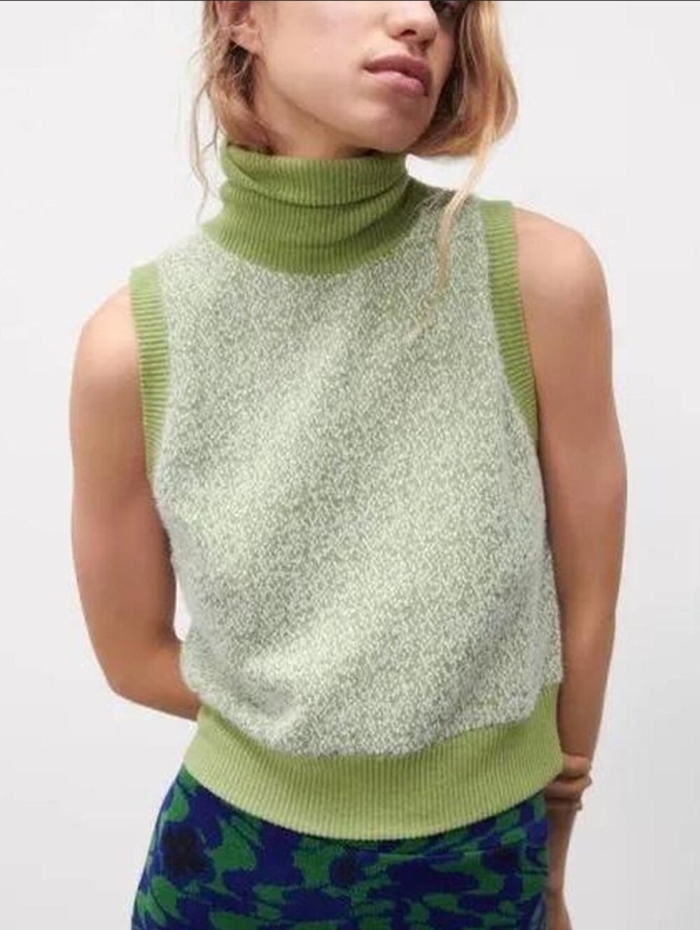 Zara Sage Green & White turtleNeck fuzzy academia Sweater Vest NWT